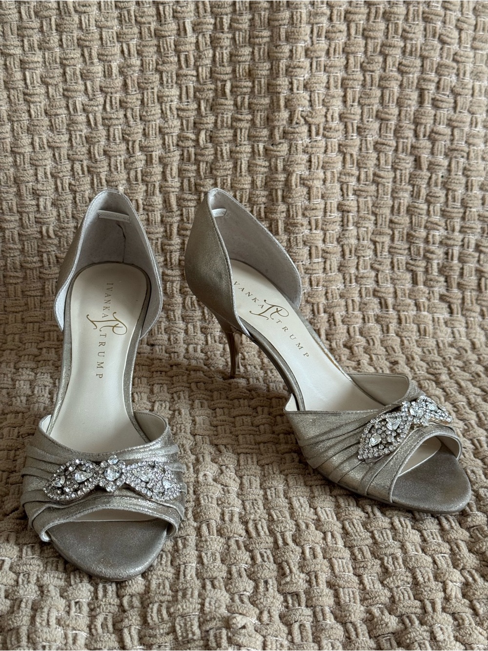 Ivanka Trump Silver Metallic Crystal D'Orsay Peep-Toe Heels